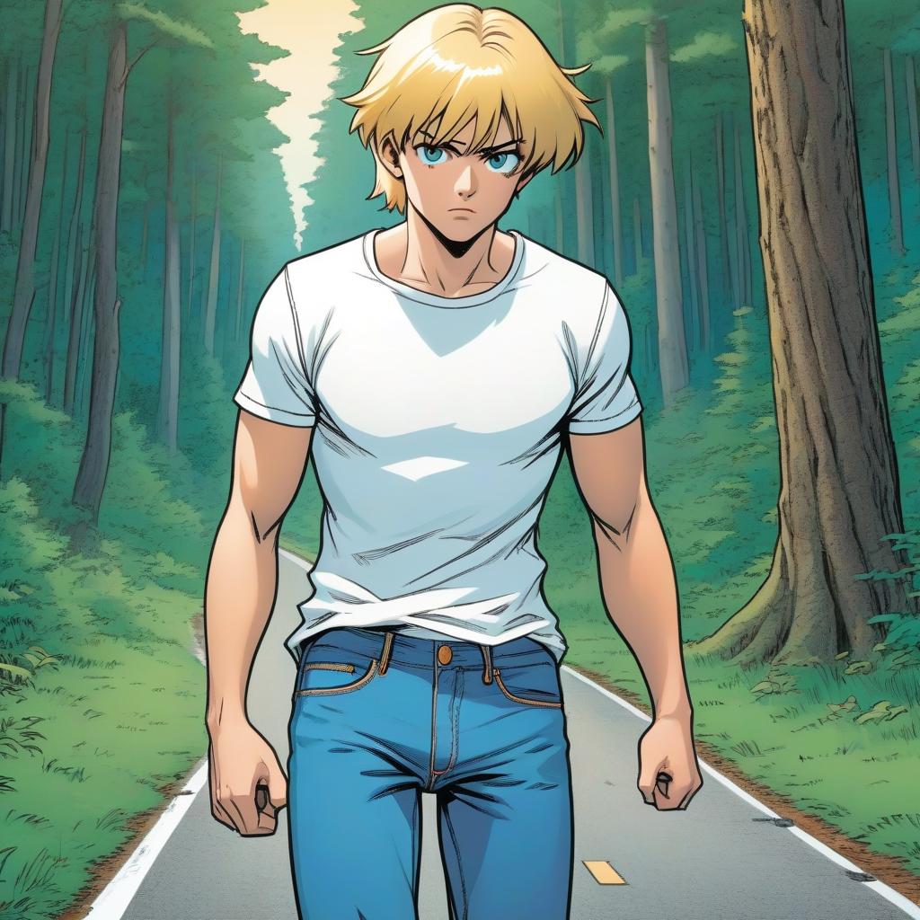  colored comic book image. a with a haircut and blonde hair, dressed in a white t shirt and jeans, walks along the road along the forest.