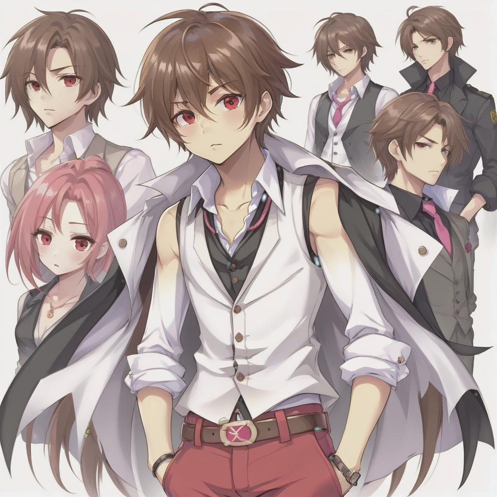  anime artwork a young man with long, slightly disheveled brown hair with rare bristles and an expression of mild fatigue or brooding on his face. his eyes are brown, with slightly reddened eyelids adding a bit of frown. he is dressed in stylish, slightly eccentric clothes: a white vest with black details over a black shirt with rolled up sleeves, red pants with a belt and accessories. a pink tie is untied on the neck, which gives the image carelessness. hands without fingers and a bandage on one of the wrists. the overall style is a mixture of informal and glamorous image, with an emphasis on details and accessories. . anime style, key visual, vibrant, studio anime, highly detailed