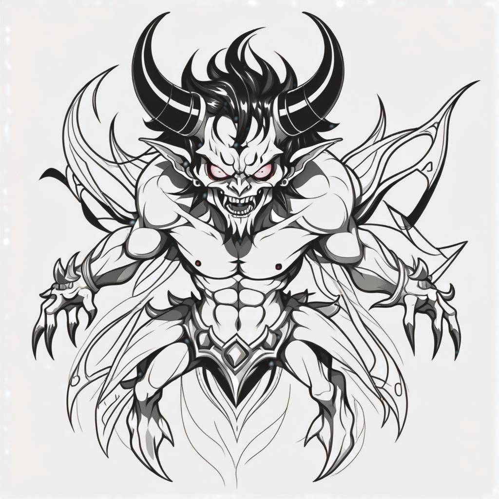  line art drawing jigs demon, same nightmare. anime style . professional, sleek, modern, minimalist, graphic, line art, vector graphics