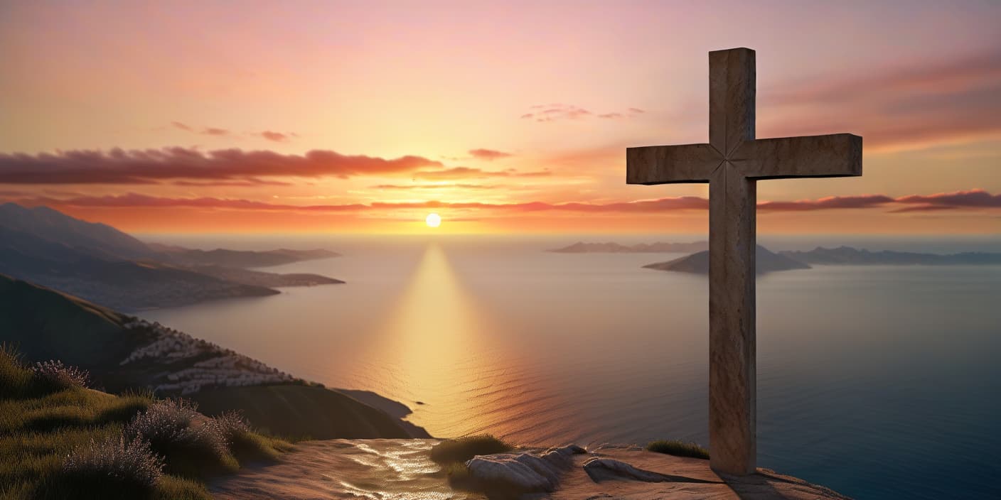  hyperrealistic art christian cross on the mountain with sunset and sea in the background . extremely high resolution details, photographic, realism pushed to extreme, fine texture, incredibly lifelike, film photography style