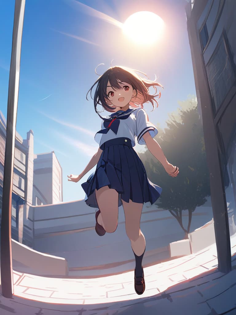  (beautiful girl:1.7)(in school uniform:2.0)(smiling:2.0)(jumping:2.0)(school yard:2.0)(blue sky,sun,clear sky:1.7) masterpiece,high quality,16k,super analysis