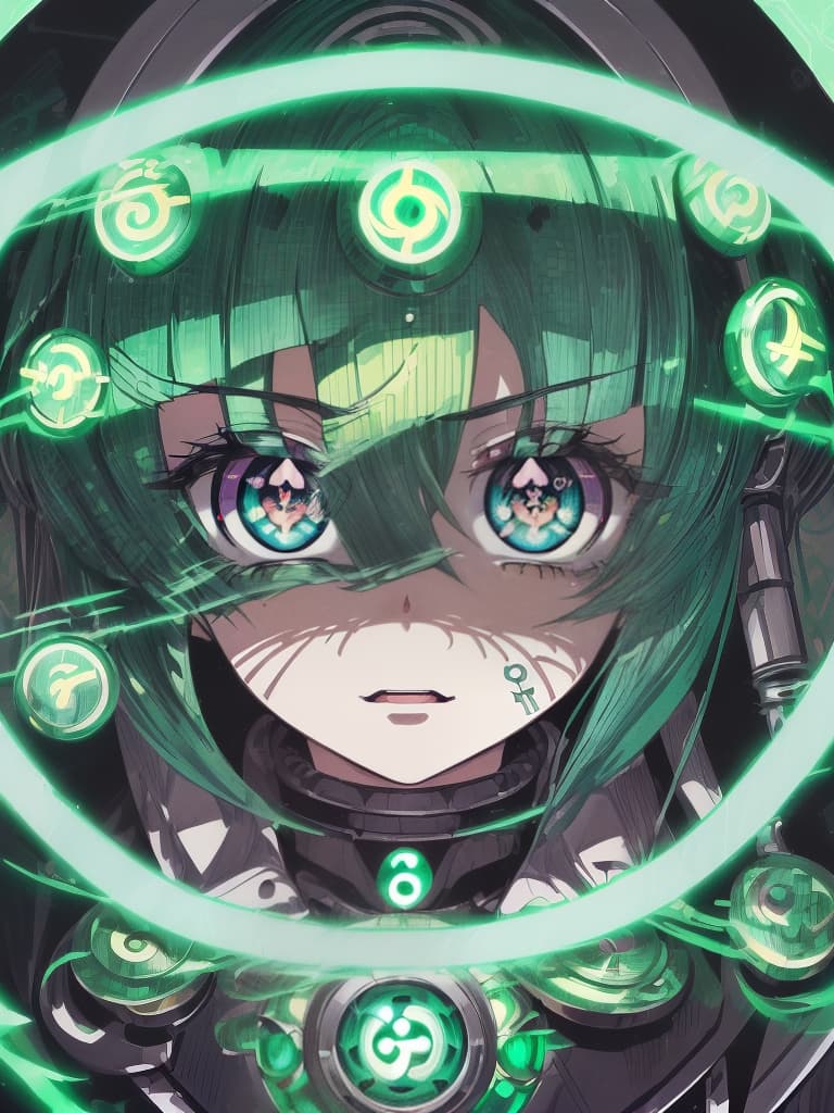  (((masterpiece,top quality))),(((super fine illustration,anime style))),solo,(((close view,ultra close up eye))),((mechanical eye,green eye,glowing eye)),((((power symbol,power symbol shaped pupils,symbol shaped pupils)))),insanely detailed eye,pupils,