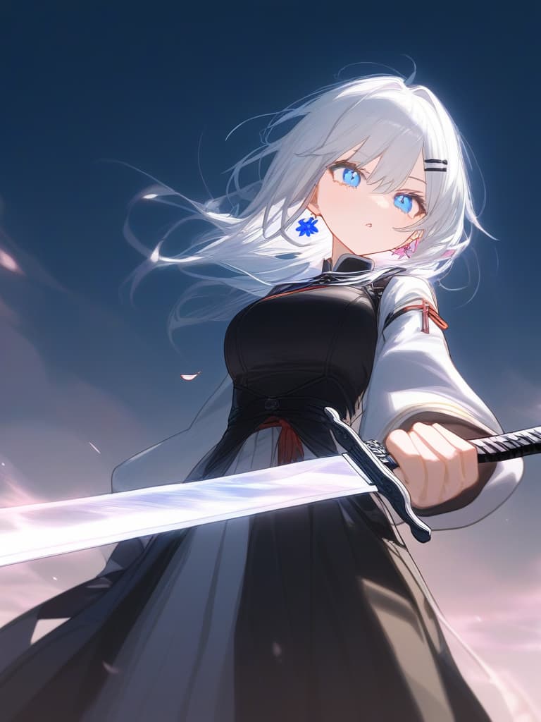  beauty girl,perfect girl,girl,hakama,袴,hairpin,簪,japanese style,transparent sword,stinking eyes,ジト目,cool,beauty,cherry blossom earrings,turn this way,white hair,sky blue eyes,beautiful eyes,white eyelashes