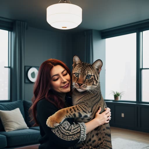  a big cat hugs a cute girl in the living room,pokemon,batman,new york hyperrealistic, full body, detailed clothing, highly detailed, cinematic lighting, stunningly beautiful, intricate, sharp focus, f/1. 8, 85mm, (centered image composition), (professionally color graded), ((bright soft diffused light)), volumetric fog, trending on instagram, trending on tumblr, HDR 4K, 8K