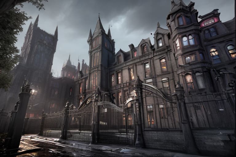 redshift style Arkham Asylum* Create a street view image of Arkham Asylum's entrance, showcasing its imposing gothic architecture, iron gates, and eerie atmosphere.