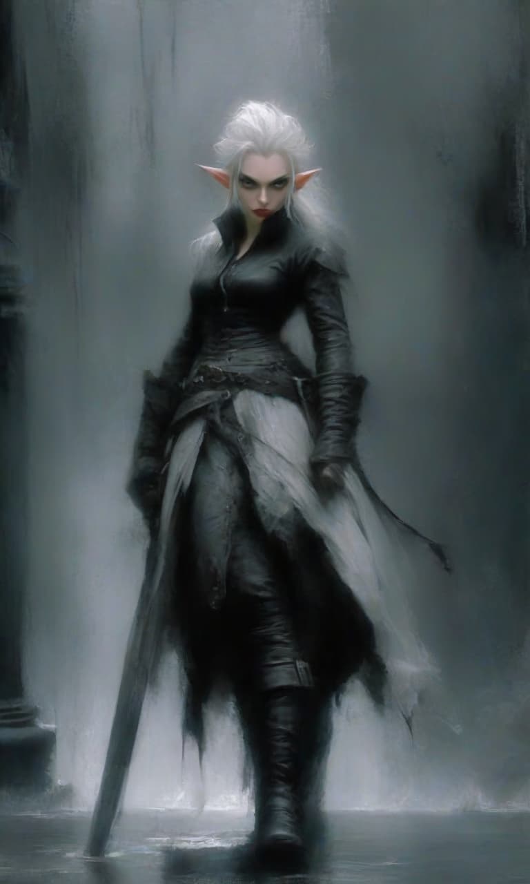  macabre style scarlett johansson in the form of an elf thief fighter with a sword in his hand, with white straight hair and black at the tips, in long white leather skirts and mail on a skirt, wrists and shoulders. full height. in a dark room with huge dark gray columns with spots. . dark, gothic, grim, haunting, highly detailed, perfecteyes, perfect hands