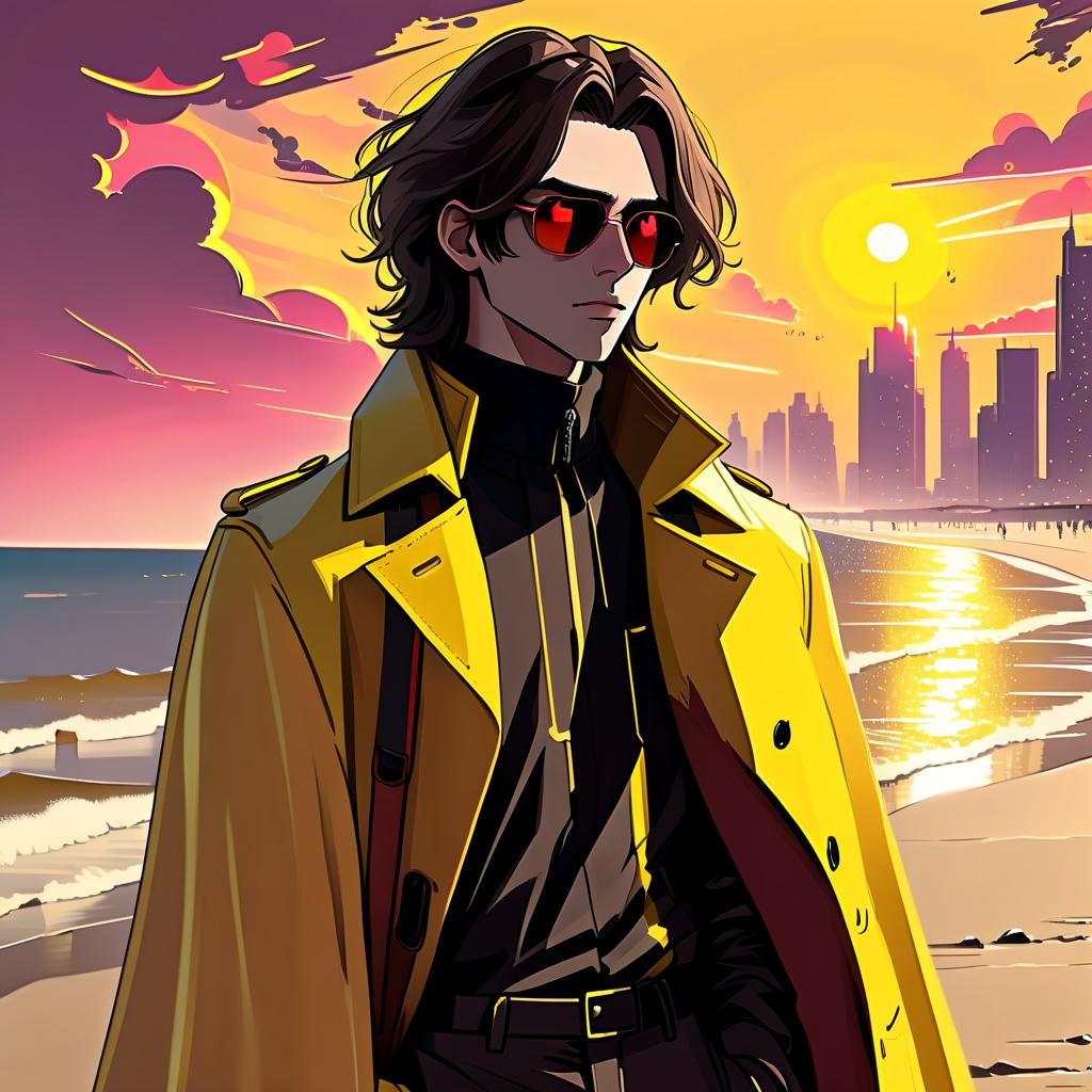  retro cyberpunk a young man stands alone on the beach. he has long dark brown hair, which flies slightly in the breeze. his face, with pronounced jewish and slavic features, radiates lively energy. brown eyes are full of deep emotions, as if reflecting the vast expanses of the ocean. he wears a bright yellow coat that seems to shine, catching the eye and contrasting with the soft shades of the sunset. under his coat he wears a black shirt and black pants are decorated with yellow elements, creating a stylish and dynamic look. the sunset turns into the night sky and full of stars, and the outgoing red sun rays fall on the terrain in bright red stripes contrasting with the oncoming night. the image uses such colors and shades of colors as: ye