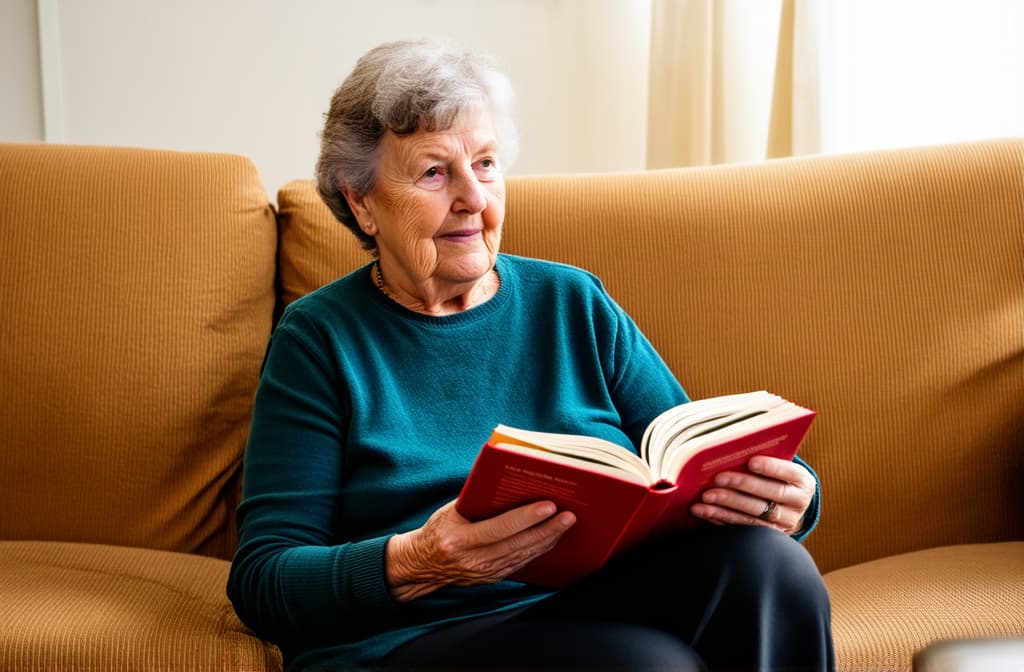  grandmother reading a book sitting on a sofa in a bright room ar 3:2, (natural skin texture), highly detailed face, depth of field, hyperrealism, soft light, muted colors