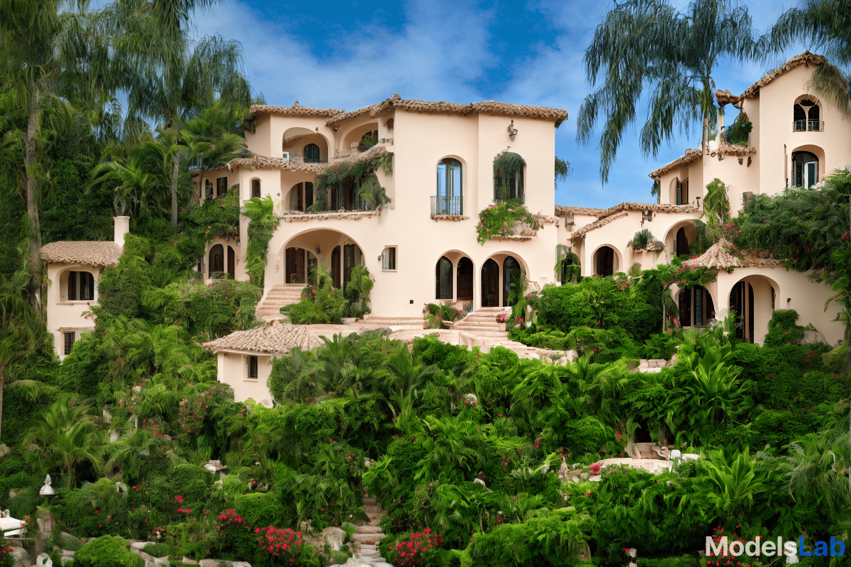 wa-vy style traditional cozy spanish style beautiful villa, beautiful tropical garden, cozy pool hyperrealistic, full body, detailed clothing, highly detailed, cinematic lighting, stunningly beautiful, intricate, sharp focus, f/1. 8, 85mm, (centered image composition), (professionally color graded), ((bright soft diffused light)), volumetric fog, trending on instagram, trending on tumblr, HDR 4K, 8K