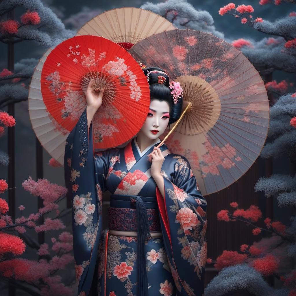  Porcelain Geisha hyperrealistic, full body, detailed clothing, highly detailed, cinematic lighting, stunningly beautiful, intricate, sharp focus, f/1. 8, 85mm, (centered image composition), (professionally color graded), ((bright soft diffused light)), volumetric fog, trending on instagram, trending on tumblr, HDR 4K, 8K