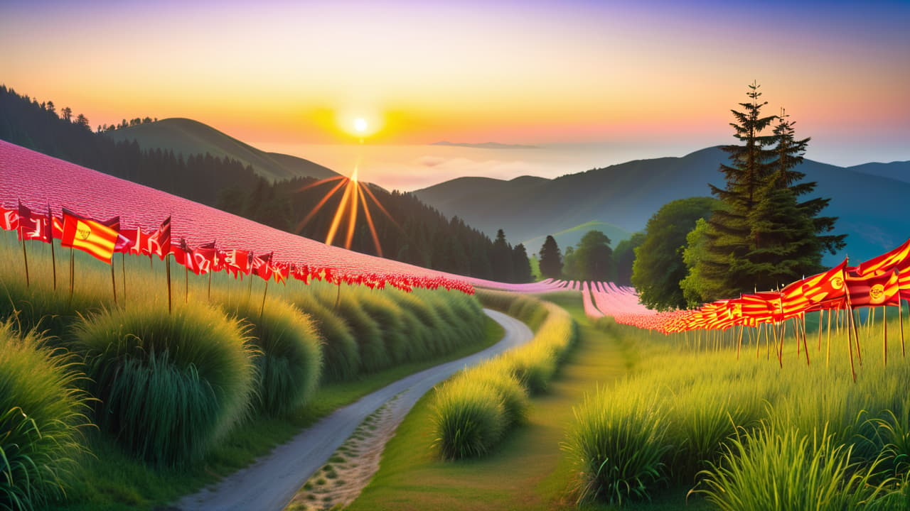  a serene landscape with a winding path leading towards distant mountains, dotted with colorful flags representing various goals, while a bright sun rises in the background, symbolizing hope and new beginnings. hyperrealistic, full body, detailed clothing, highly detailed, cinematic lighting, stunningly beautiful, intricate, sharp focus, f/1. 8, 85mm, (centered image composition), (professionally color graded), ((bright soft diffused light)), volumetric fog, trending on instagram, trending on tumblr, HDR 4K, 8K