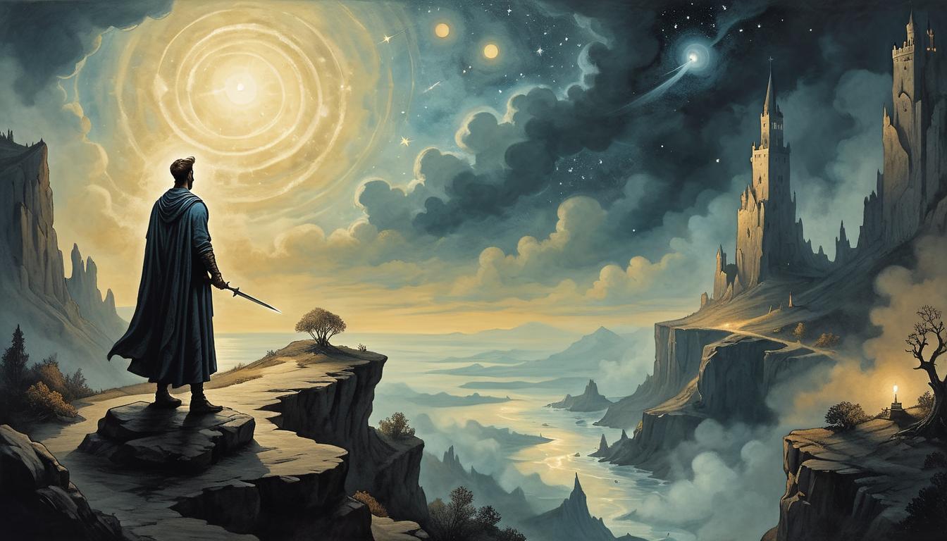  on parchment, surrealism+++, a figure standing on a cliff, backlit by a celestial light emanating from the sky, ethereal, chosen one, bright light contrasting against dark surroundings(mysterious, provocative, symbolic,muted color)+++