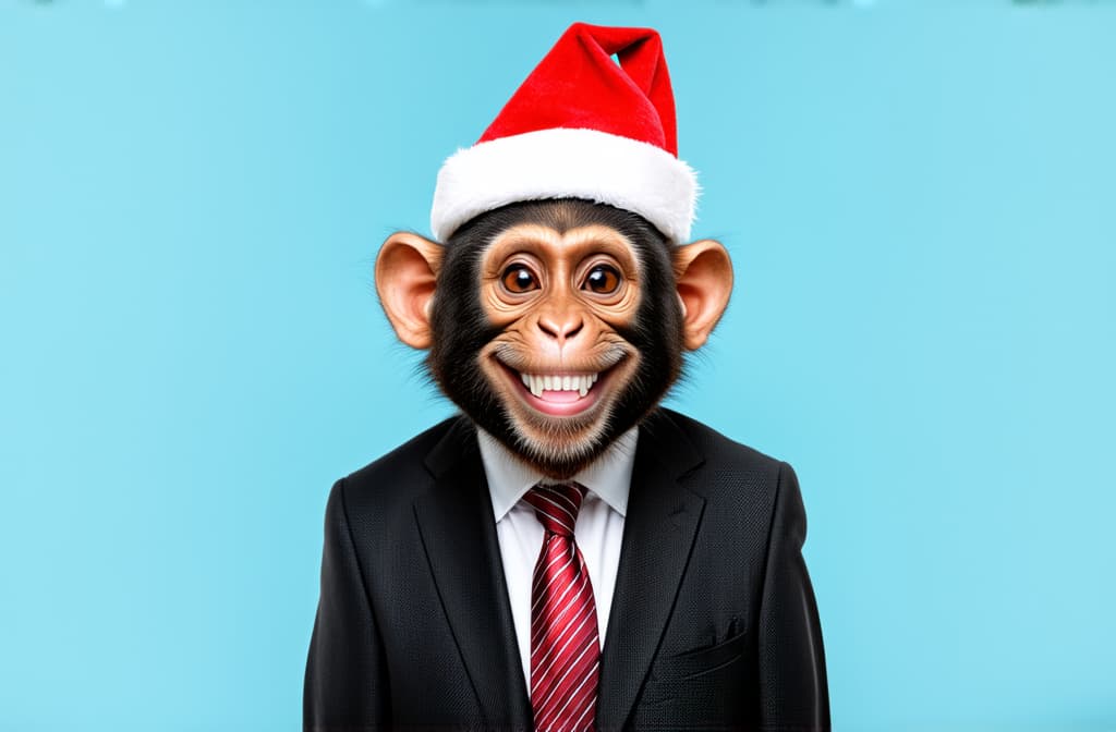  professional detailed photography, cute smiling monkey in man suit with white teeth in santa's hat against pastel blue background ar 3:2, (muted colors, dim colors, soothing tones), (vsco:0.3)