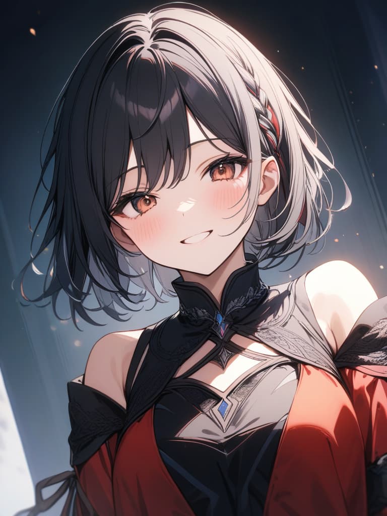  black hair, hair tip blue, short hair, short hair, braided ears, smiles, bad, devil, masterpiece, best quality,8k,ultra detailed,high resolution,an extremely delicate and beautiful,hyper detail