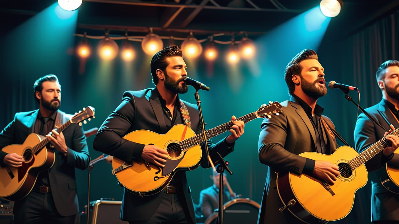  a vibrant folk music scene with musicians in a rustic setting, playing acoustic instruments like banjos and fiddles, contrasted with a glamorous pop concert featuring bright lights, electric guitars, and a lively crowd. hyperrealistic, full body, detailed clothing, highly detailed, cinematic lighting, stunningly beautiful, intricate, sharp focus, f/1. 8, 85mm, (centered image composition), (professionally color graded), ((bright soft diffused light)), volumetric fog, trending on instagram, trending on tumblr, HDR 4K, 8K