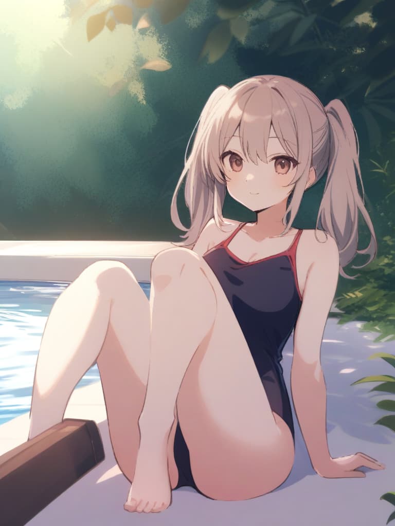  women's elementary students (male), twin tails, cute smiles, (rich s), low stature, dark blue swimwear, old swimwear, , simple, s, (upwards), male , , . , shapely clear , front, whole body, pool side,