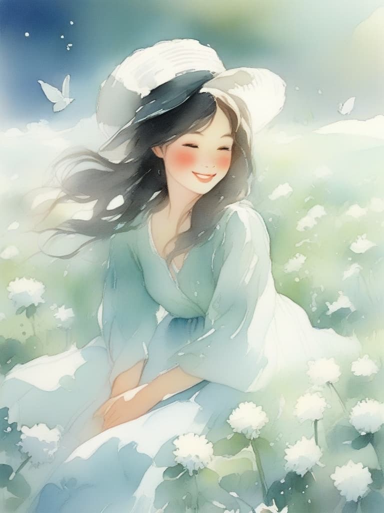  cute,peaceful,smiling,sunny,beautiful blue sky,field full of white clover,lots of white flowers,about 5 erflies flying,picnic,girl sitting on a leisure sheet,leisure sheet is blue and white. a girl,a warm atmosphere,a pleasant gentle breeze,a basket near the girl,her hair is short and straight,let it down,a white with loose sleeves and a pale emerald green ,the girl is very happy,she is wearing a white with a room in the sleeves and a pale emerald green ,she is very happy. the girl is very happy,