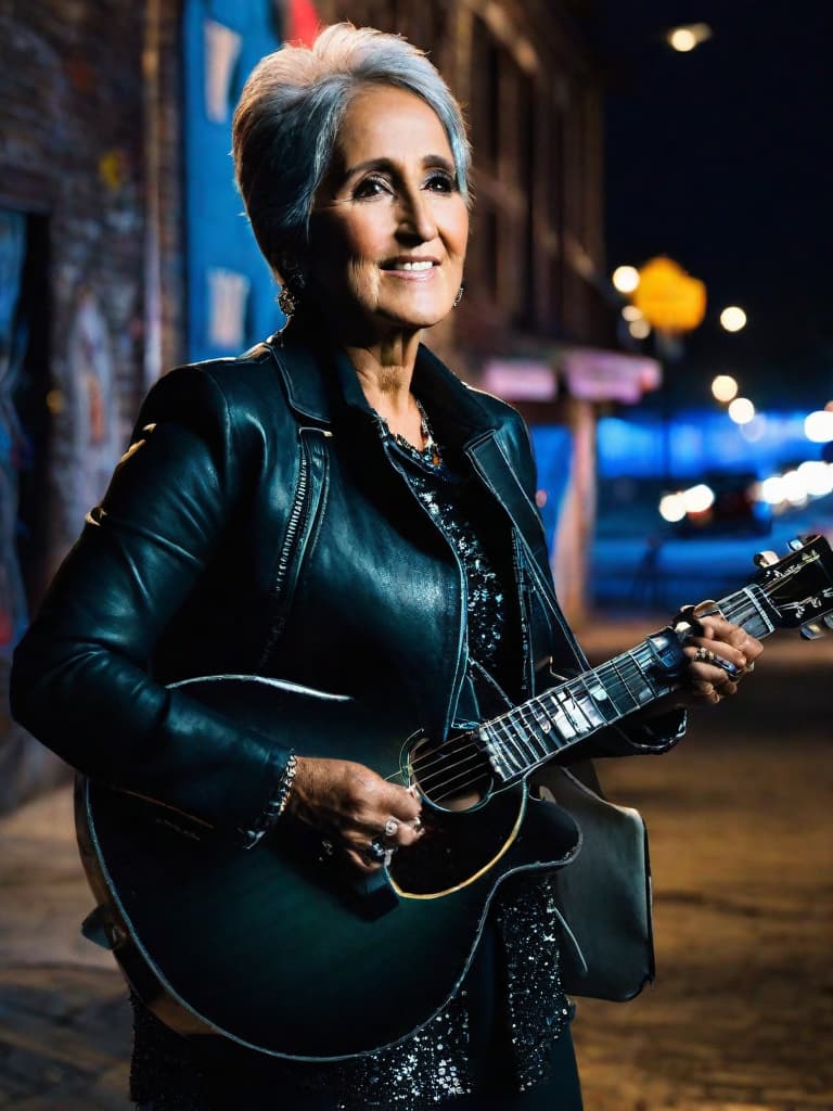  A younger Country singer Joan Baez, medium shot, upper body, spotlight, long exposure lighting, street art style spray paint, glamour lighting