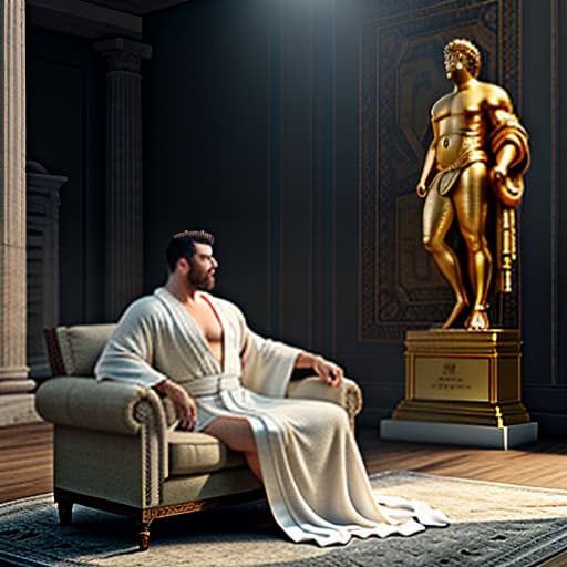  in an ancient room, a fat fifty with a big and big s in a terry cloth unoned robe is sitting on a chic sofa, leg over leg, next to a statue of apollo, an ancient painting of a man hangs on the wall hyperrealistic, full body, detailed clothing, highly detailed, cinematic lighting, stunningly beautiful, intricate, sharp focus, f/1. 8, 85mm, (centered image composition), (professionally color graded), ((bright soft diffused light)), volumetric fog, trending on instagram, trending on tumblr, HDR 4K, 8K