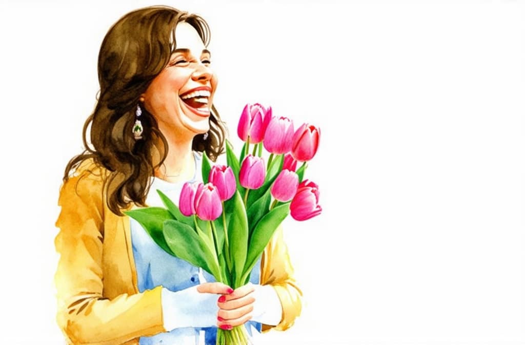  artwork beautiful woman laughs, holds a bouquet of pink tulips in her hands, space for text, white background, photo ar 16:9 ar 3:2, watercolor techniques, featuring fluid colors, subtle gradients, transparency associated with watercolor art