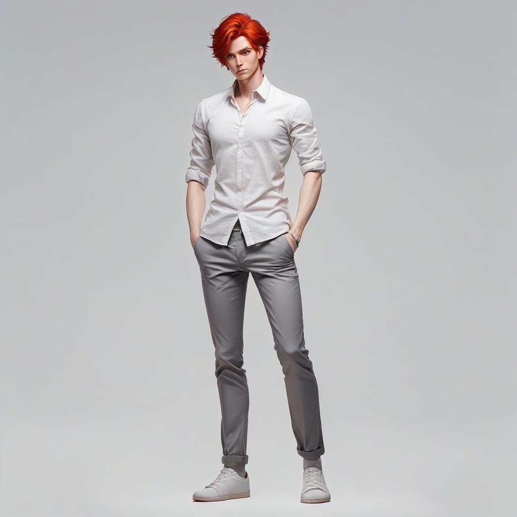  faceless guy with red hair in gray trousers, light shirt with cloths, character, 2 poses on a white background, art, anime style