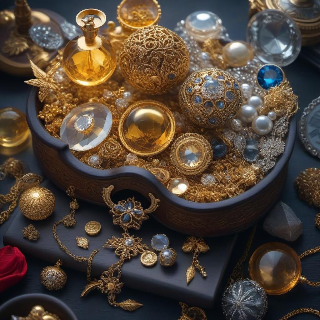  A pile of treasures; a study in golden tones. hyperrealistic, full body, detailed clothing, highly detailed, cinematic lighting, stunningly beautiful, intricate, sharp focus, f/1. 8, 85mm, (centered image composition), (professionally color graded), ((bright soft diffused light)), volumetric fog, trending on instagram, trending on tumblr, HDR 4K, 8K