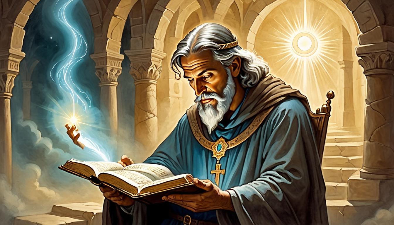  on parchment, surrealism+++, a figure in deep concentration, eyes glowing, holding the bible, aligning vision with divine light rays, focused, enlightened(mysterious, provocative, symbolic,muted color)+++