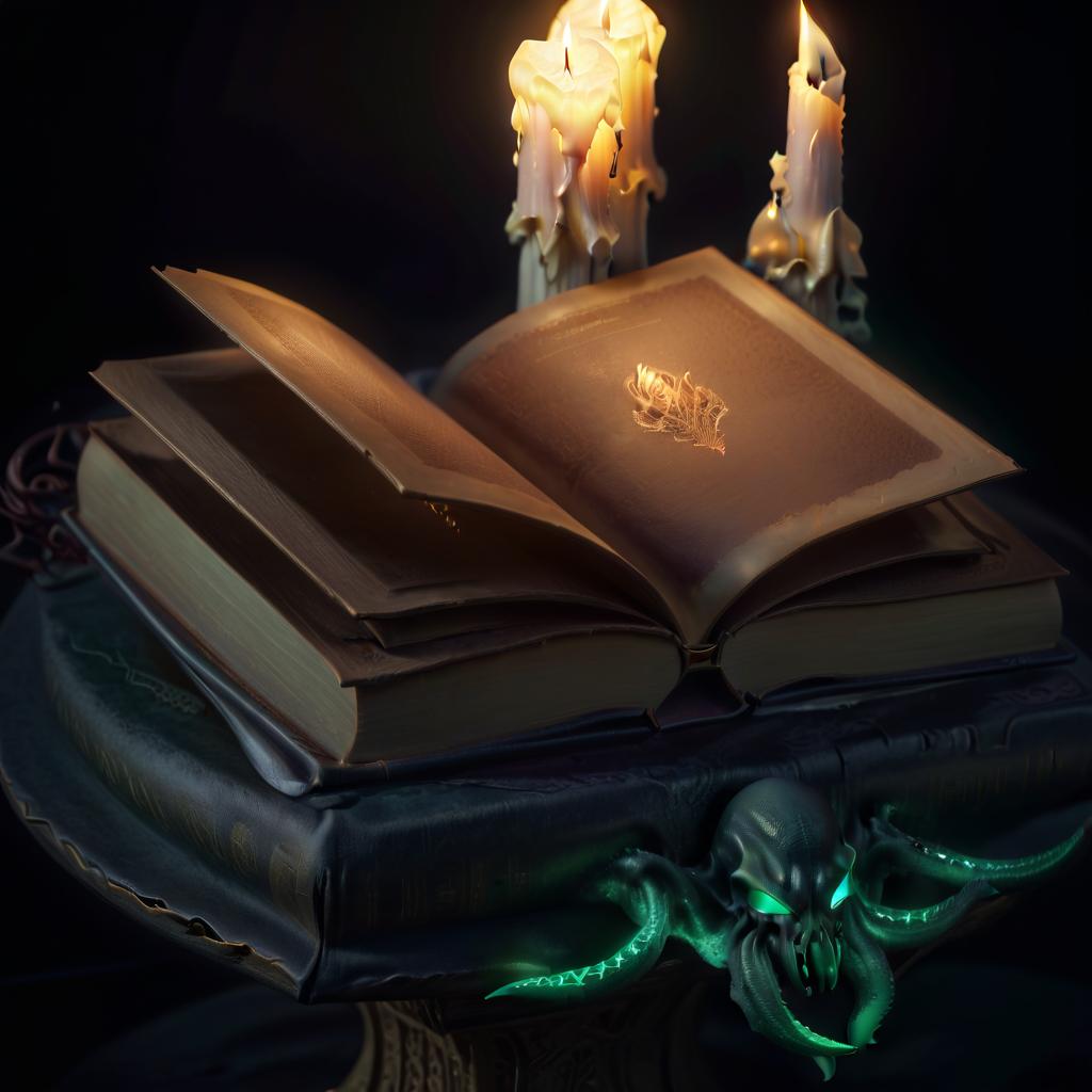  professional 3d model dark horror cthulhu pedestal and some candles are lit up on top of an open book . octane render, highly detailed, volumetric, dramatic lighting, civitai