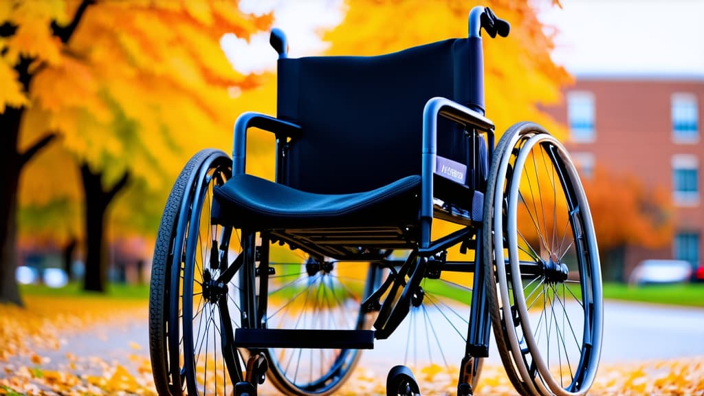  wheelchair standing against the background of a hospital. autumn atmosphere. background is blurred. ar 16:9 {prompt}, maximum details