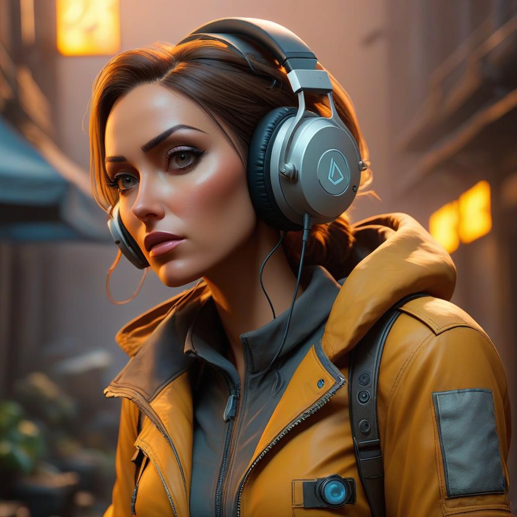  half life 2 alyx vance wearing headphones hyperrealistic, full body, detailed clothing, highly detailed, cinematic lighting, stunningly beautiful, intricate, sharp focus, f/1. 8, 85mm, (centered image composition), (professionally color graded), ((bright soft diffused light)), volumetric fog, trending on instagram, trending on tumblr, HDR 4K, 8K