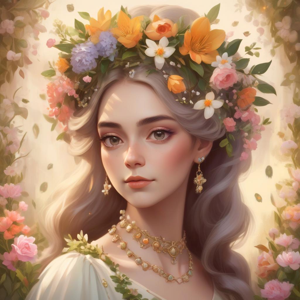  concept art vintage spring queen portrait with flowers and flowers garland in the hair, warm atmosphere . digital artwork, illustrative, painterly, matte painting, highly detailed