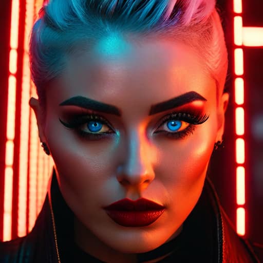  ultra realistic close up portrait ((beautiful pale cyberpunk female with heavy black eyeliner)), blue eyes, shaved side haircut, hyper detail, cinematic lighting, magic neon, dark red city, canon eos r3, nikon, f/1.4, iso 200, 1/160s, 8k, raw, unedited, symmetrical balance, in frame, 8k hyperrealistic, full body, detailed clothing, highly detailed, cinematic lighting, stunningly beautiful, intricate, sharp focus, f/1. 8, 85mm, (centered image composition), (professionally color graded), ((bright soft diffused light)), volumetric fog, trending on instagram, trending on tumblr, HDR 4K, 8K