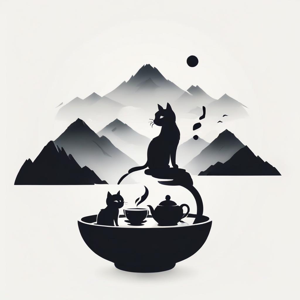  silhouette style draw the logo of a chinese tea house with a picture of a bowl for tea, cat, sea and mountains . high contrast, minimalistic, black and white, stark, dramatic, logo