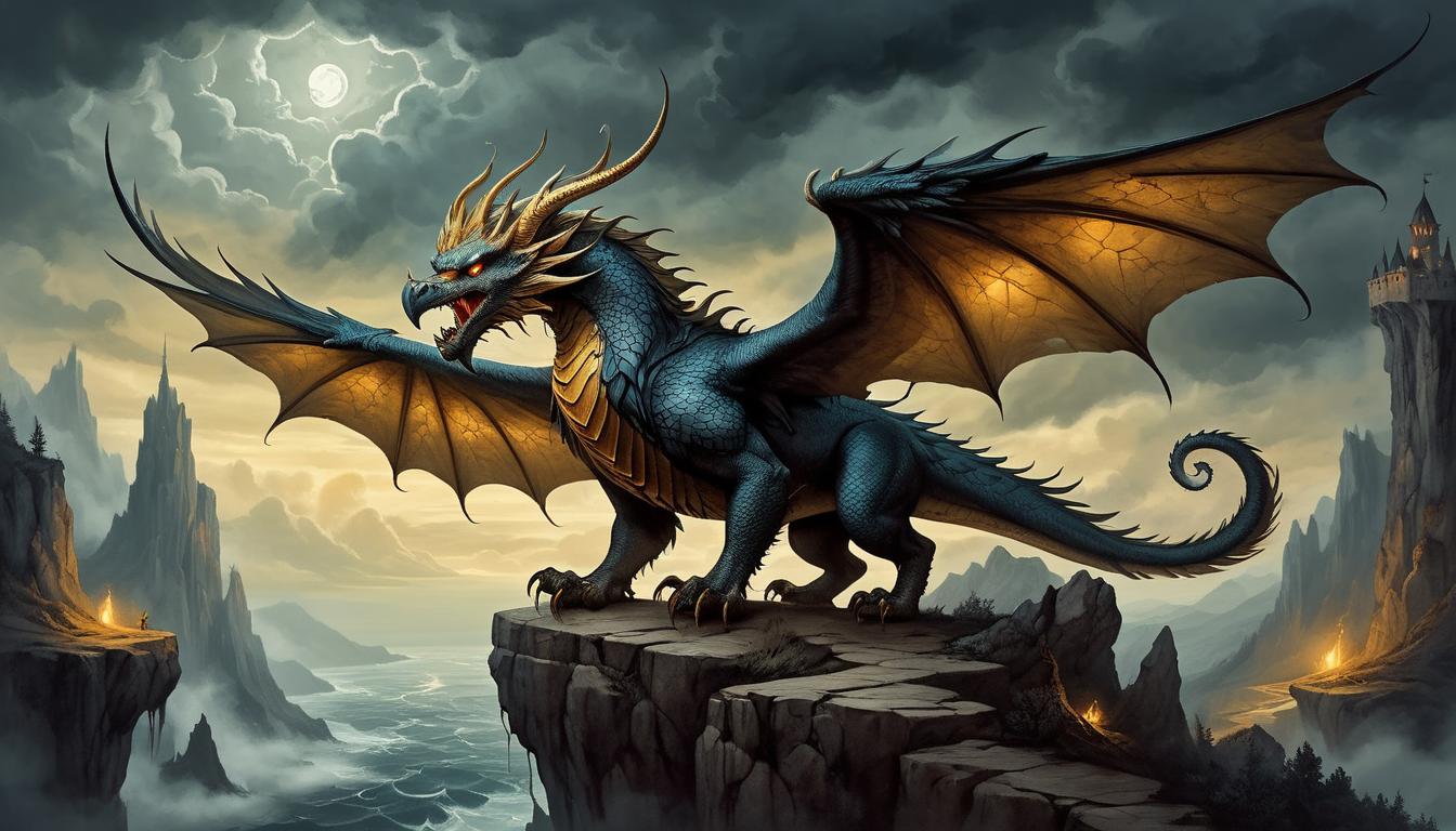  on parchment, surrealism+++, mythical beast with scales and wings, perched on a cliff's edge, eyes glowing amber, stormy sky(mysterious, provocative, symbolic,muted color)+++