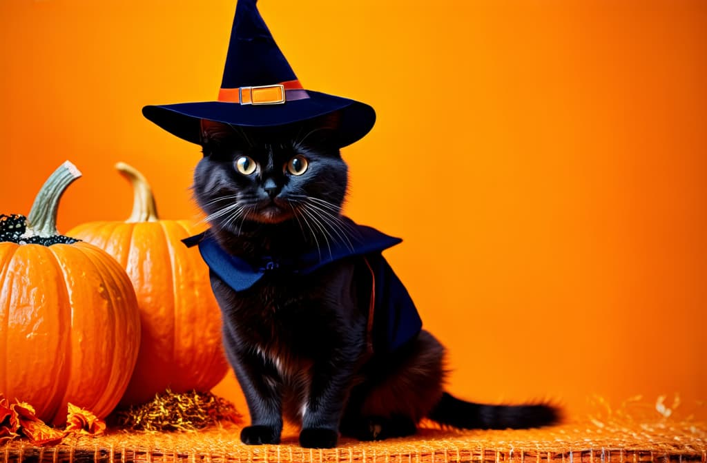  black cat in witch costume next to halloween pumpkins, orange background, 2/3 space on the left free for text ar 3:2 {prompt}, maximum details