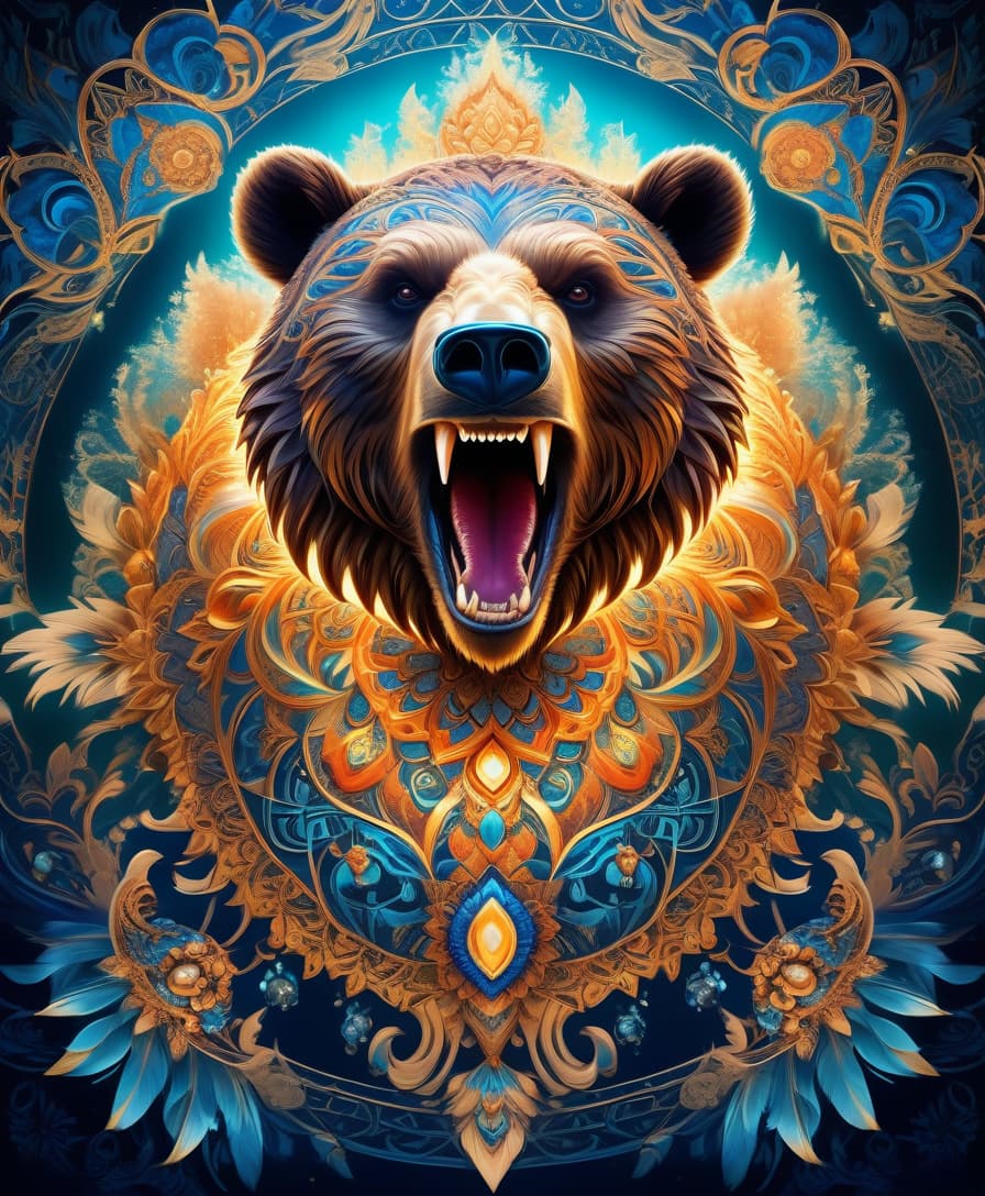  ethereal fantasy concept art of masterpiece, hdr 8k, digital image. conceptual art. (a bear with a bared mouth full of sharp fangs, appearing in ancient russian ethnic ornaments that make up a symmetrical mandala consisting of an endless forest, a wide flowing river and majestic mountains, the mandala is decorated with a fantastic ice pattern). abstract elements: crystals, beads, feathers. the effect of dissolving the natural shades of fur in sky waves. filigree finishes, mysterious neon glowing accents, intricate. stylization. neo rococo style. stylish, dynamic, atmospheric. background dissolving abstract patterns in the space:: vignetting:: complex ethnic ornament. mystery, fantasy surrealism. high detail. high quality. hdr. . magnific