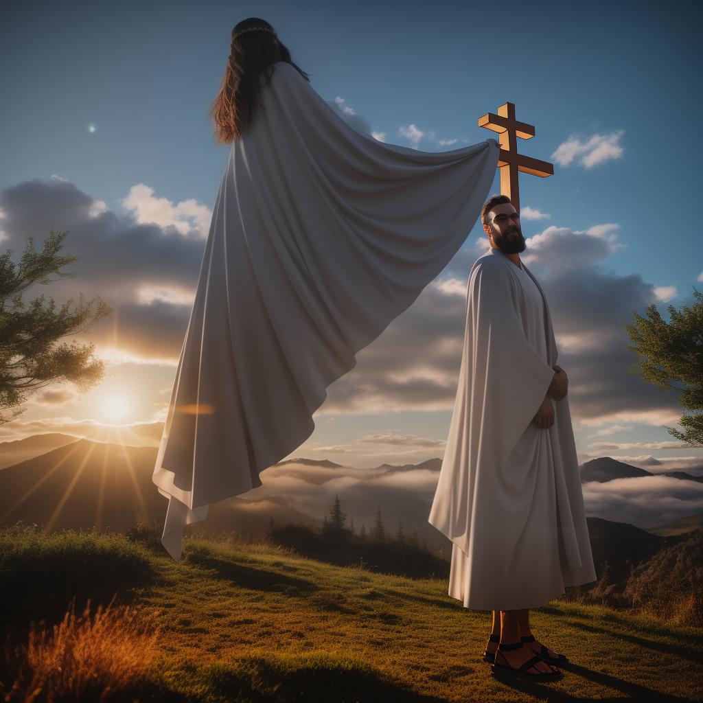  4k, envision Jesus Christ, a glowing cross behind him, he has his arms wide open as to hug you hyperrealistic, full body, detailed clothing, highly detailed, cinematic lighting, stunningly beautiful, intricate, sharp focus, f/1. 8, 85mm, (centered image composition), (professionally color graded), ((bright soft diffused light)), volumetric fog, trending on instagram, trending on tumblr, HDR 4K, 8K