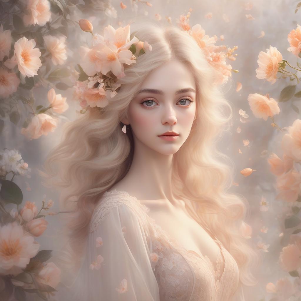  concept art a dreamy portrait of a woman surrounded by a soft floral motif, exuding a serene, ethereal beauty. mrs. robinson, you’re trying to seduce me. aren’t you? portrait of a stunning lady in a serene magical ethereal floral arrangement with soft focus and delicate transparent petals, cream and peach colored lace, a touch of dreamy soft tones, misty background, a perfect masterpiece . digital artwork, illustrative, painterly, matte painting, highly detailed