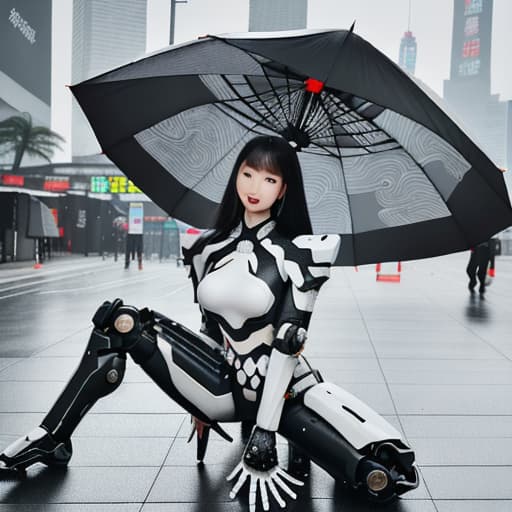  beautiful chinese wearing white and black mecha armor, full body photo with long hair, sitting on the ground holding an umbrella in her hand, in the style of cyberpunk, with a futuristic robot design and mecha armor details, to waist ratio of 3/4, full body photo, in the style of cyberpunk.