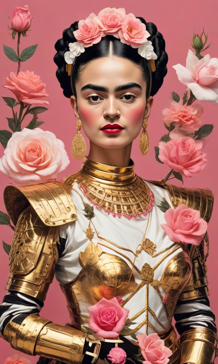  concept art color pink, white, black, gold frida kahlo in gold armor rose . digital artwork, illustrative, painterly, matte painting, highly detailed, perfect hands