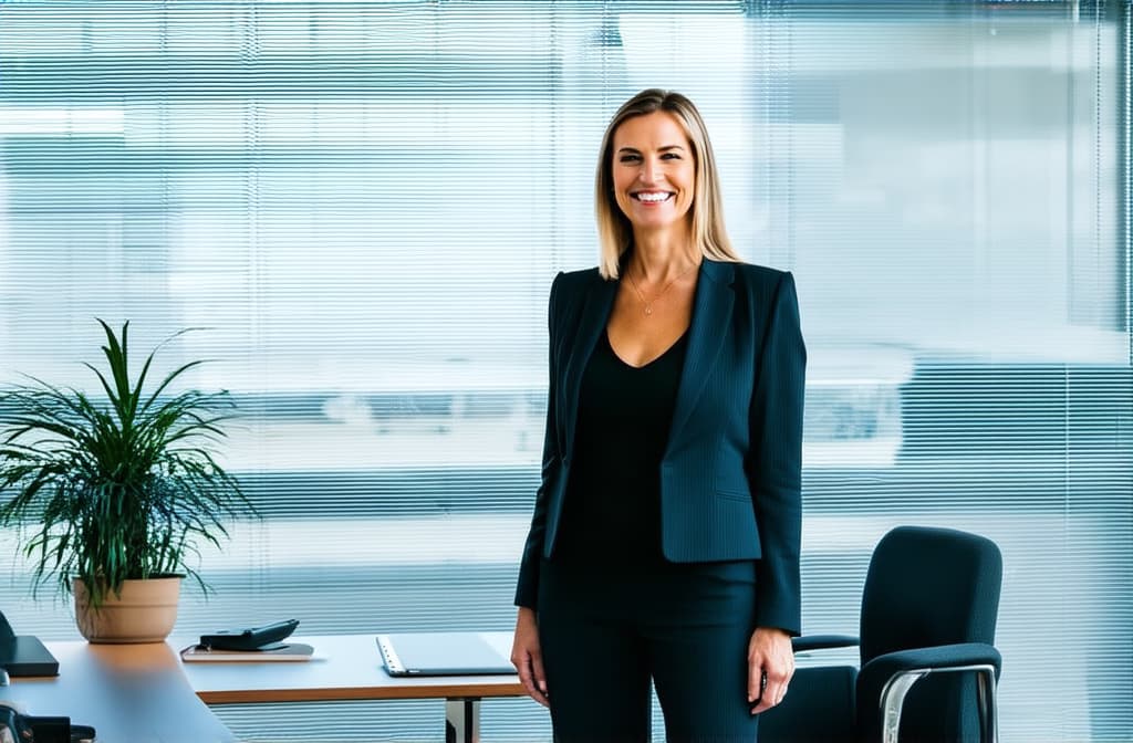  professional detailed photography, portrait of smiling businesswoman standing in open plan office. happy female professional executive manager, financial banking or marketing data. ar 3:2, (muted colors, dim colors, soothing tones), (vsco:0.3)