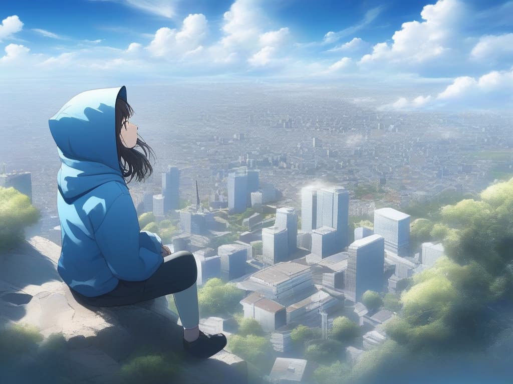  blue sky, high place, one girl, hoodie, sitting, wide sky