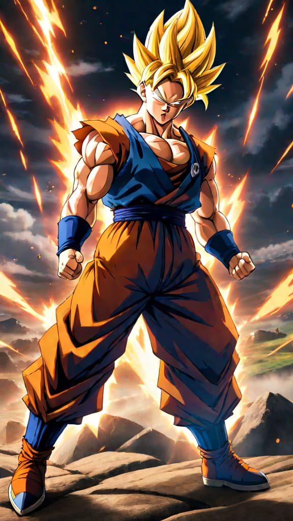  anime art: gohan achieves super saiyan 2, honoring goku's sacrifice in the cell games arena. hyperrealistic, full body, detailed clothing, highly detailed, cinematic lighting, stunningly beautiful, intricate, sharp focus, f/1. 8, 85mm, (centered image composition), (professionally color graded), ((bright soft diffused light)), volumetric fog, trending on instagram, trending on tumblr, HDR 4K, 8K