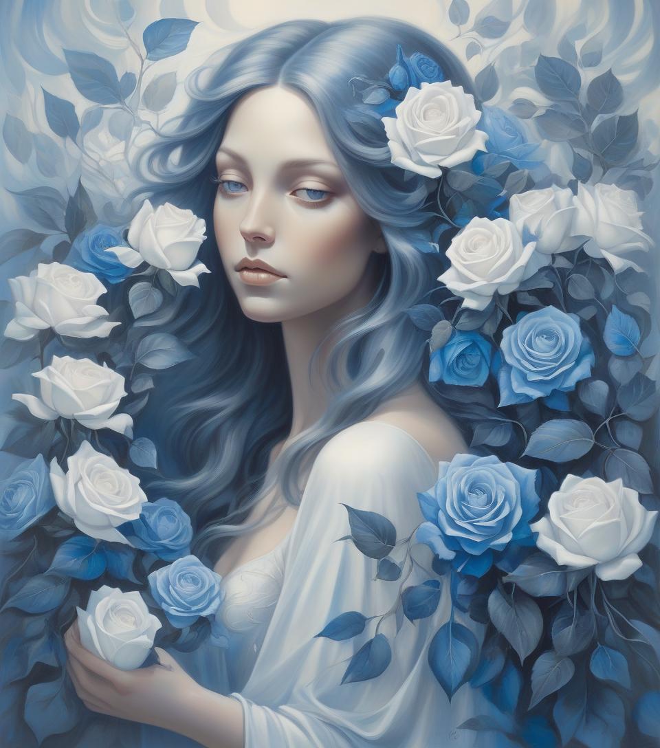  surrealist art a serene woman with flowing hair holds blue and white roses, surrounded by soft light and delicate leaves, embodying grace and beauty in a captivating portrait . dreamlike, mysterious, provocative, symbolic, intricate, detailed