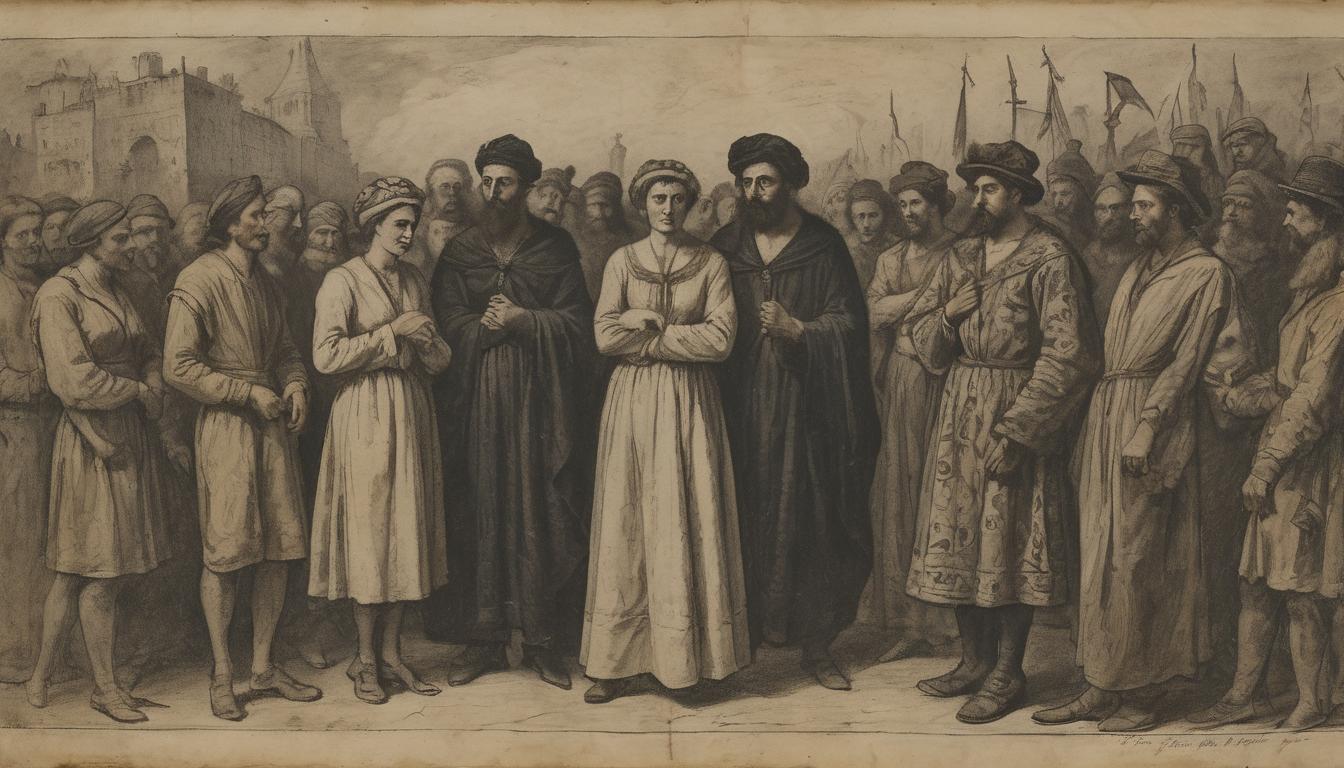  on parchment, surrealism++, central figure in regal attire, face reflecting sorrow and regret, surrounded by a group of people in worn clothing, people express discontent and grievance, crowd detailed with expressive faces, dark background with subtle, lingering shadows, somber and cold feel.(mysterious, provocative, symbolic)++