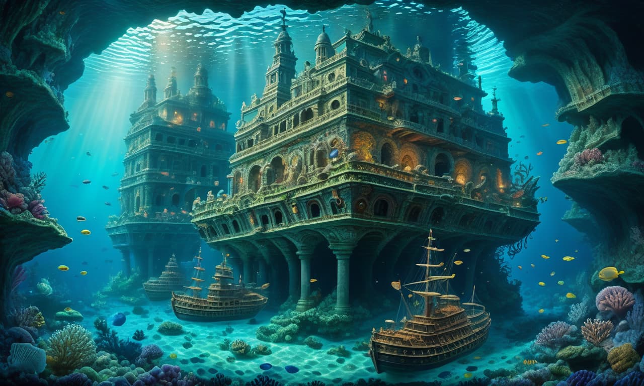  nautical themed (masterpiece:1.8, oil painting:1.5, high quality 8k) surreal painting of a sunken ancient city on the seabed. extremely detailed, cinematic lighting, rich marine life, lots of detail. . sea, ocean, ships, maritime, beach, marine life, highly detailed