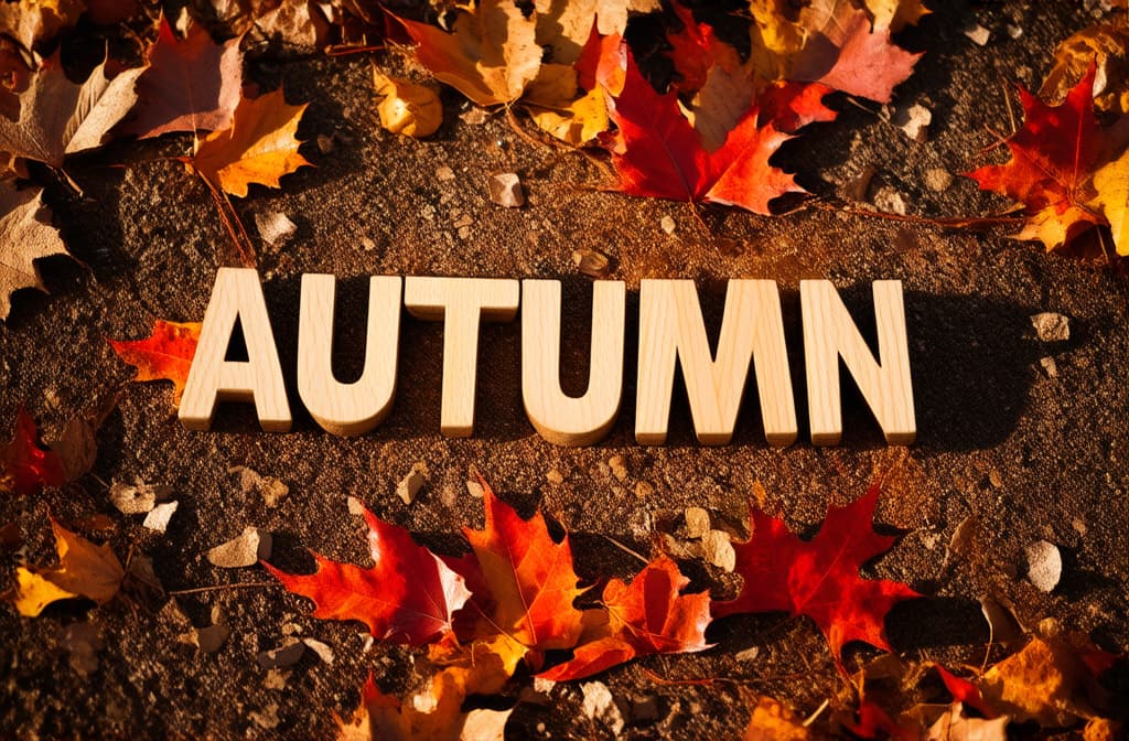  professional detailed photography, wooden letters "autumn" on fallen red orange leaves, sunset, counter light ar 3:2, (muted colors, dim colors, soothing tones), (vsco:0.3)