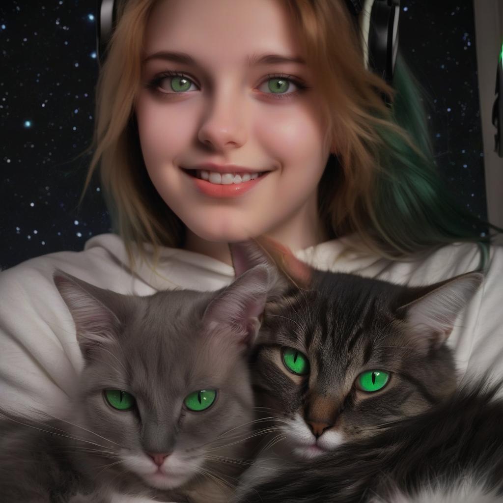  two cats, a girl with green eyes, music, space