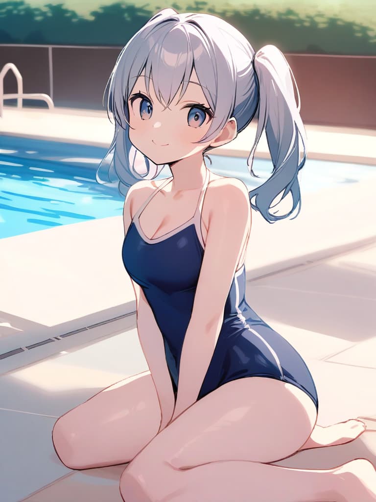  women's elementary students, dark blue swimwear, old swimwear, swimwear, , simple, male bulge, / swelling, shaped clear, , front, cute smile, twin tails, whole body, pool side, poolside,