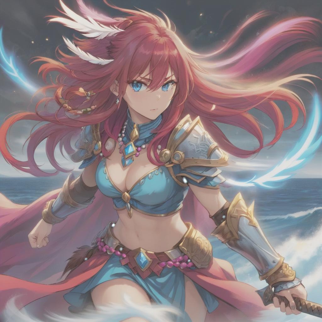  long exposure photo of portrait of strong rage valcyria warrior. blue eye. long red hair. tilting head down, magenta mantle, shoulder pad feather, accessory necklace with pearls on the forehead, by the sea . blurred motion, streaks of light, surreal, dreamy, ghosting effect, highly detailed, sticker, hkmagic